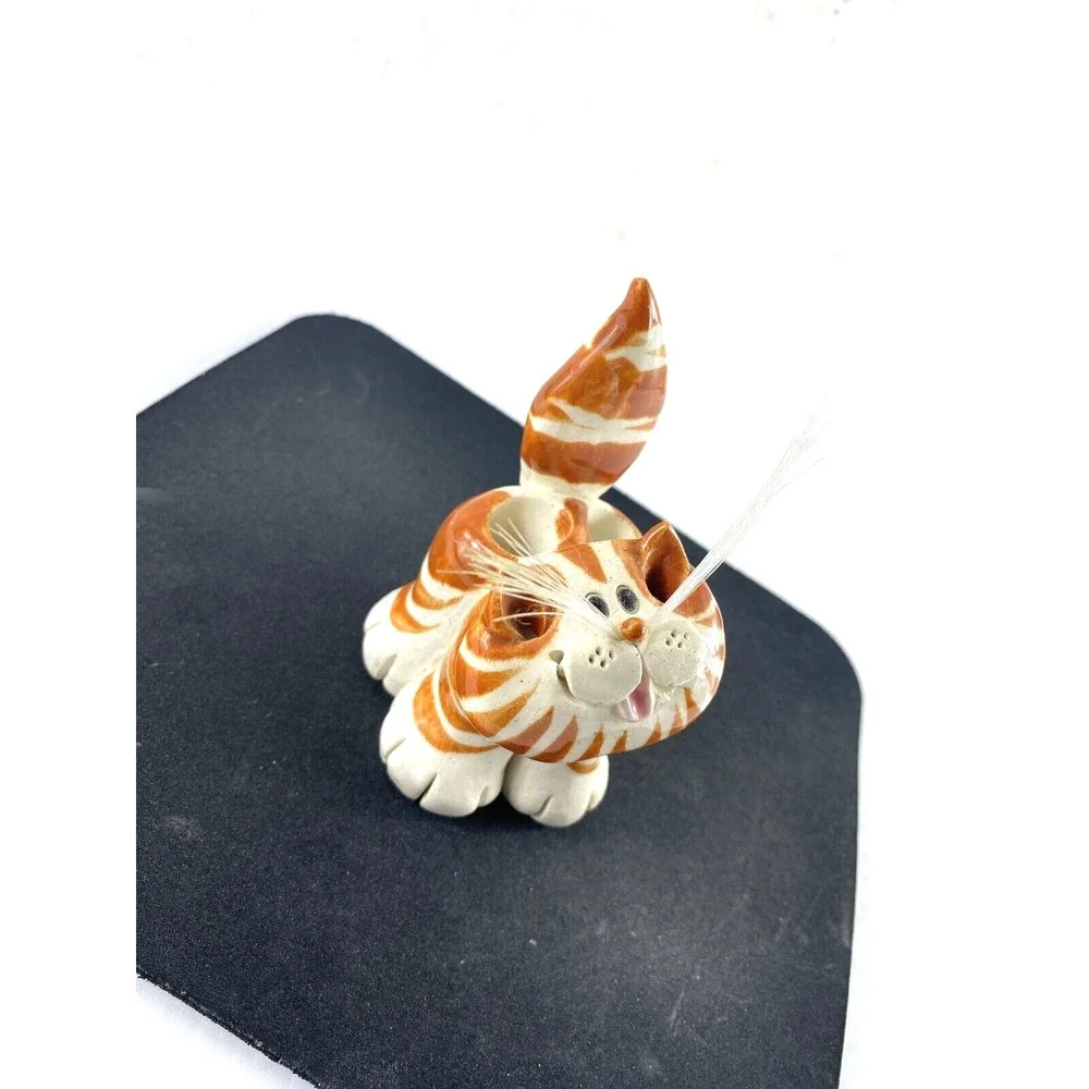 Vtg Striped Cat Pencil Holder Ceramic Handmade Gift Signed Anatomically Correct
